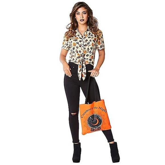 Spirit Halloween Spooky Skull Witchy Button Down Tie Front Top SZ XL - Picture 1 of 9